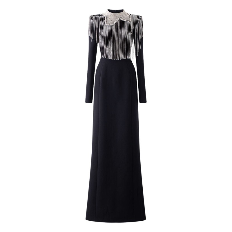 LONG SLEEVE CRYSTAL TASSEL BODYCON FLOOR-LENGTH GOWN