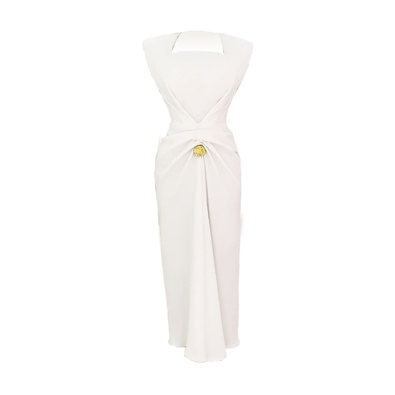 MORENO WHITE SHEATH QUEEN ANNE NECK SYNTHETIC MIDI DRESS