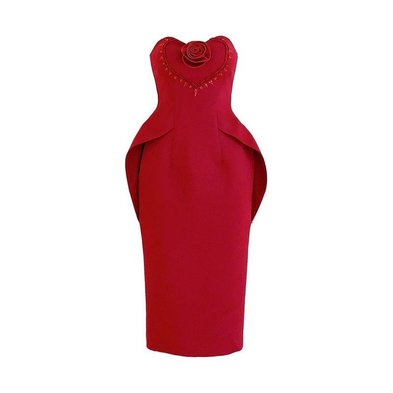 MORRIS RED PENCIL SEMI-HEART NECK ORGANDY MIDI DRESS