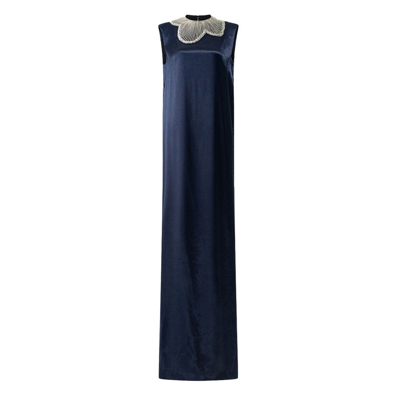 NAVY BLUE ORCHID STONE PATTERNED COLLAR GOWN