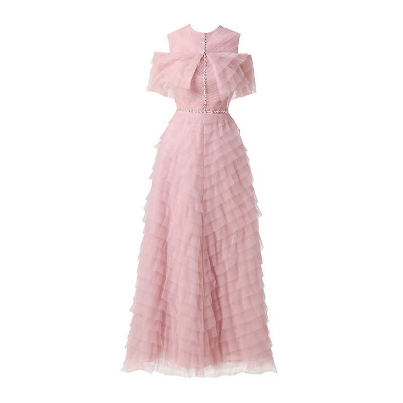 PINK LAYERED COLD SHOULDER SLEEVED ORGANZA MIDI DRESS