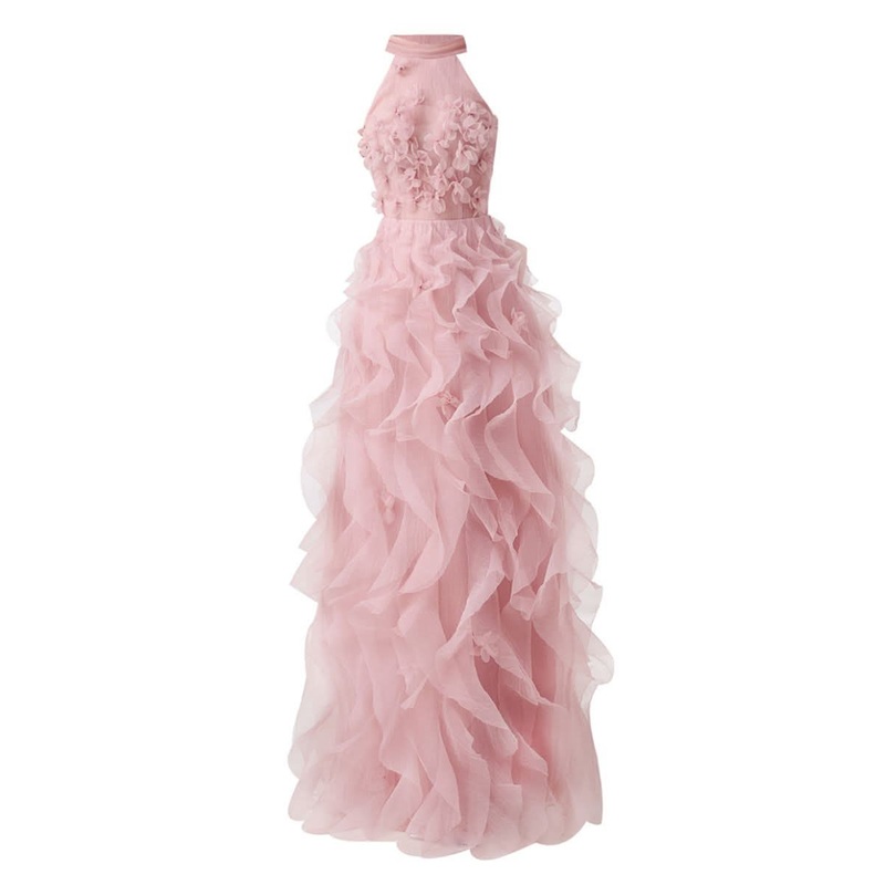 PINK LAYERED STONE ORGANZA FLORAL EMBELLISHED GOWN