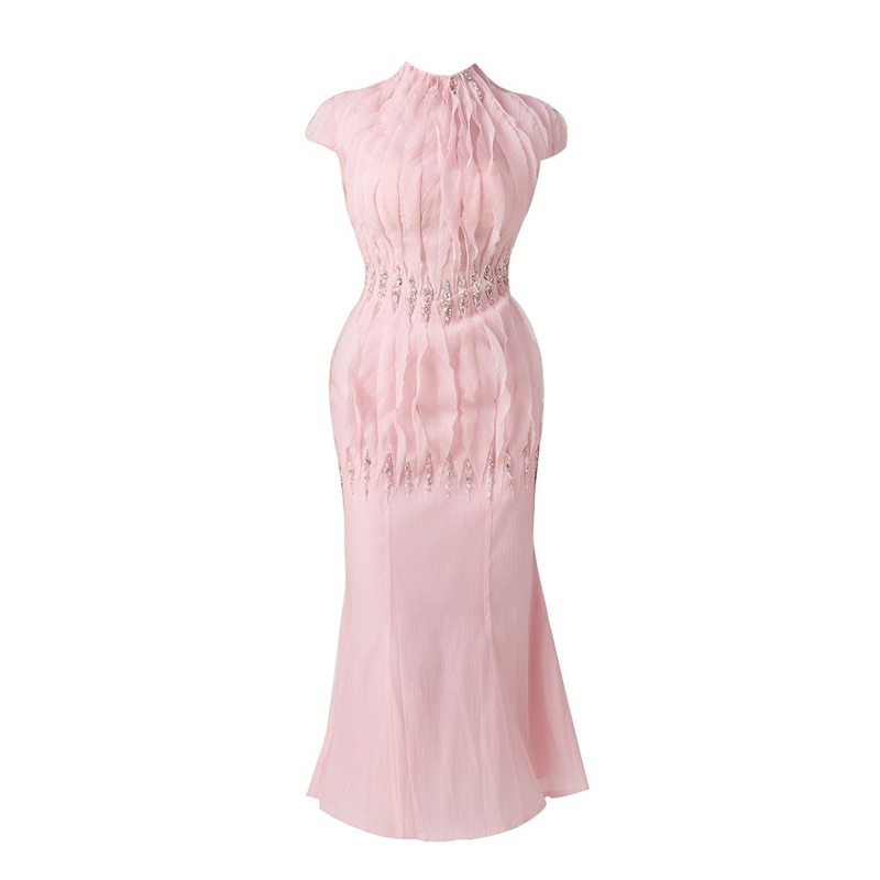 PINK MERMAID CAP SLEEVED SILK ORGANZA MIDI DRESS