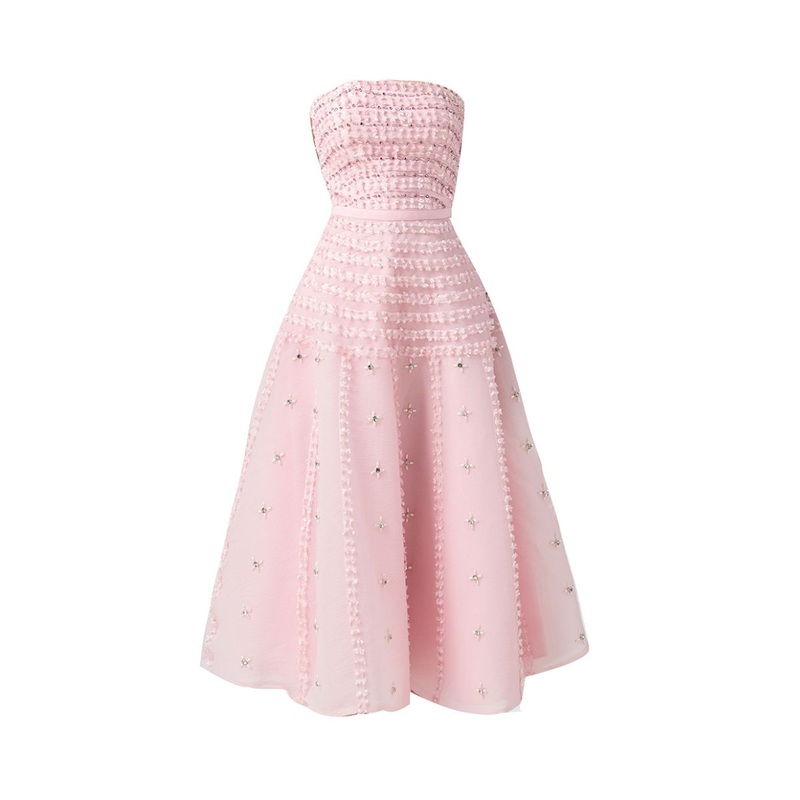 PINK STRAPLESS STONE ORGANZA PINK MIDI DRESS