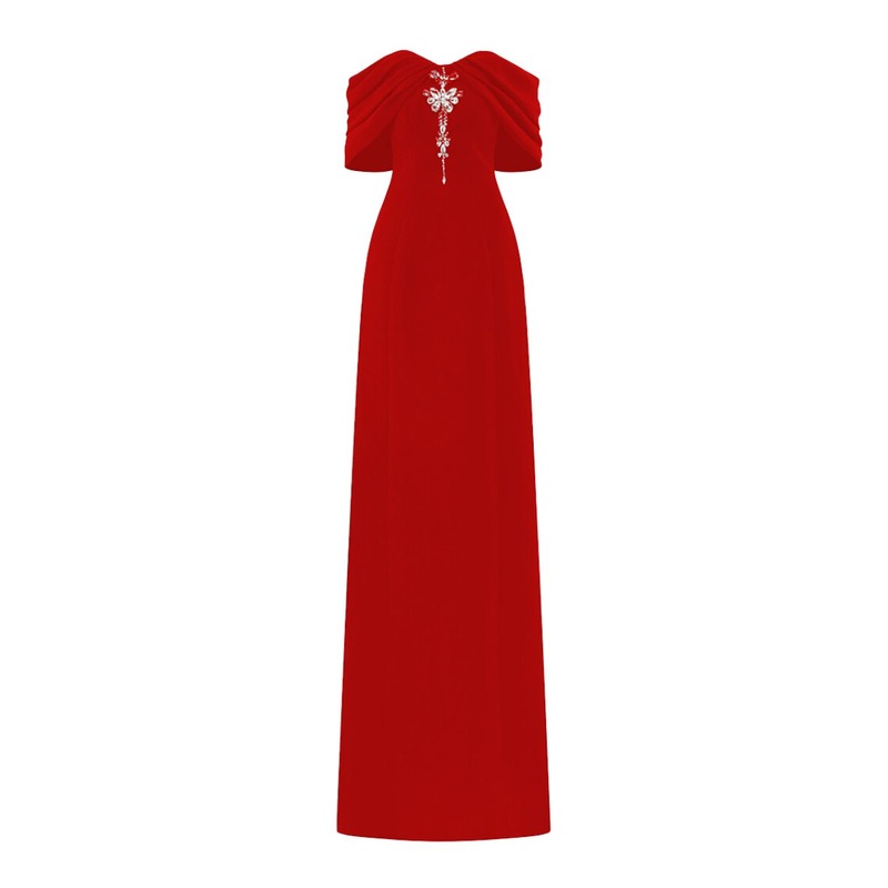 RED GATHERED OFF-SHOULDER GOWN