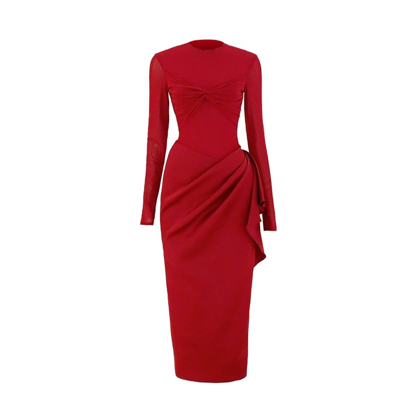 RED PLEATED WAIST PENCIL MIDI DRESS