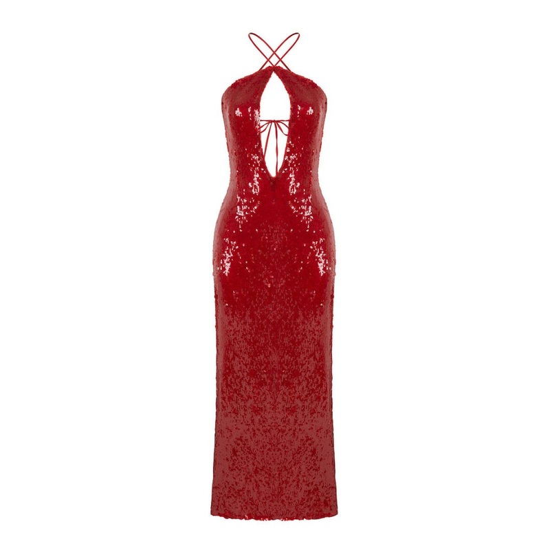 RED SEQUIN CUT-OUT MIDI DRESS
