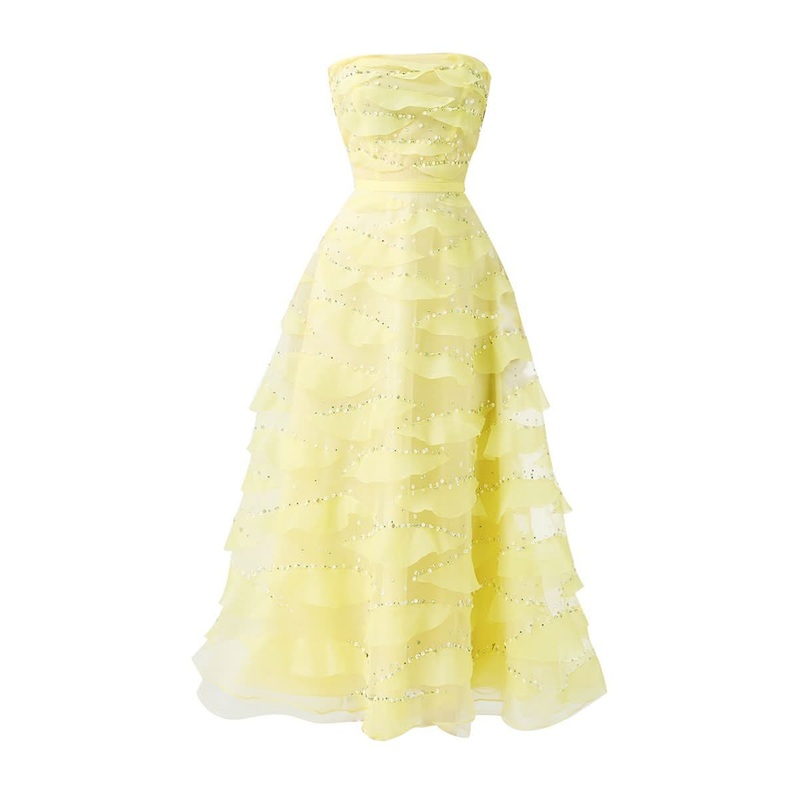 STRAPLESS LIGHT YELLOW MIDI DRESS WITH FLOWER NECKLACE