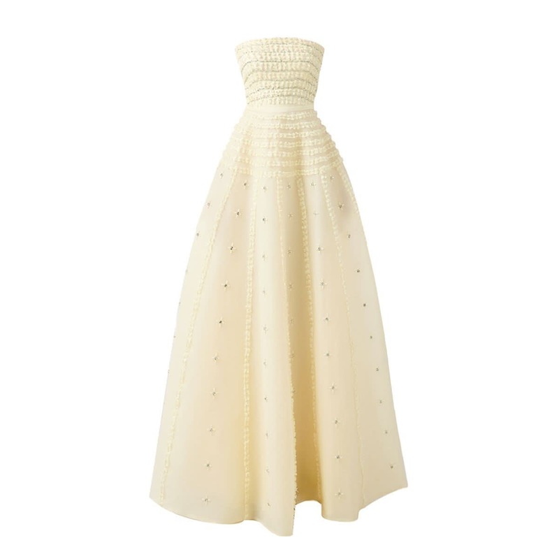STRAPLESS STONE ORGANZA FLOOR LENGTH BEIGE GOWN
