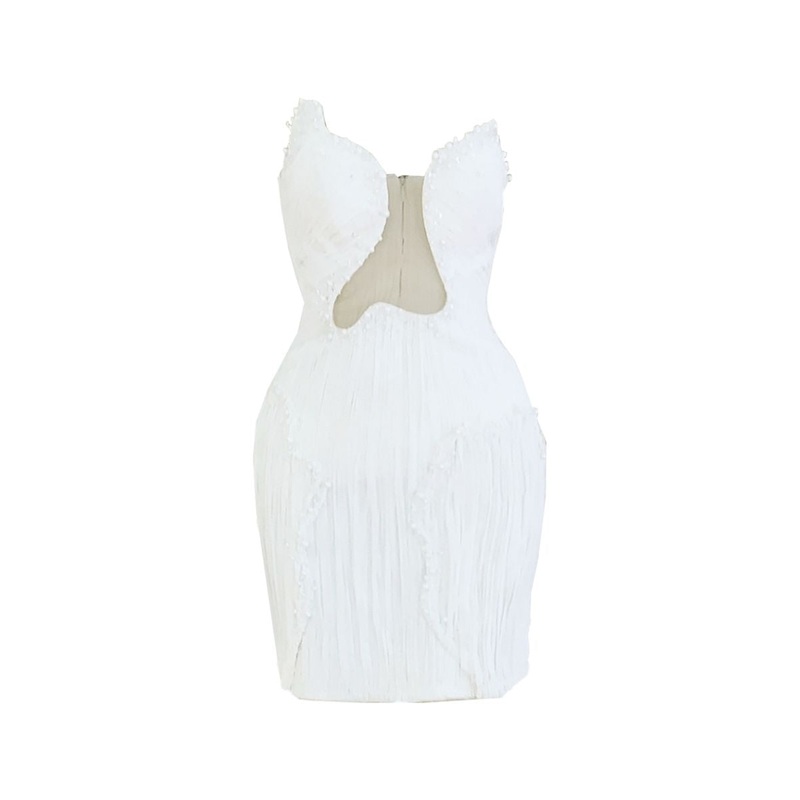 WHITE EMBELLISHED CUT-OUT A-LINE MINI DRESS