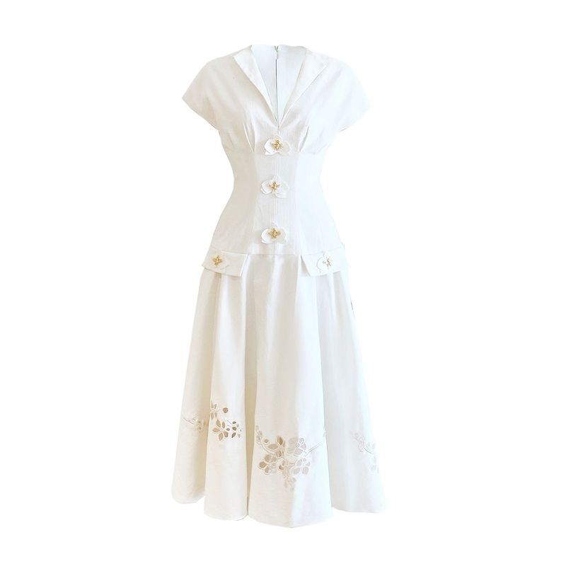 WHITE SLEEVELESS SHIRT AND ORCHID FLARED MIDI DRESS