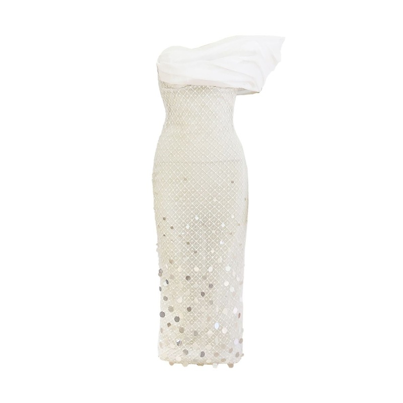 WHITE SPARKLING OFF-SHOULDER BODY MIDI DRESS
