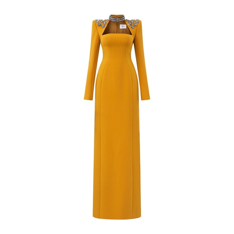 YELLOW CHOKER SHOULDER STONE EMBELLISHED GOWN