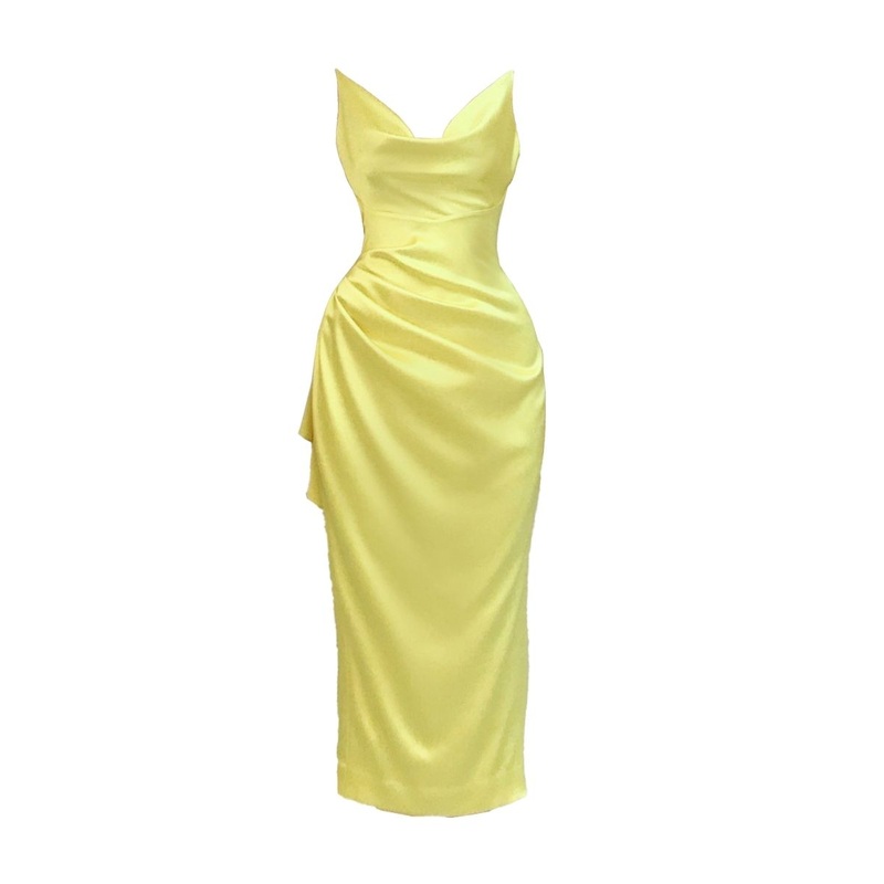 YELLOW SCOOP NECK PLEATED MIDI DRESS