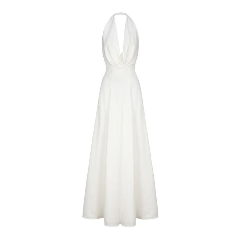 ANIYA WHITE SATIN V-NECK GOWN