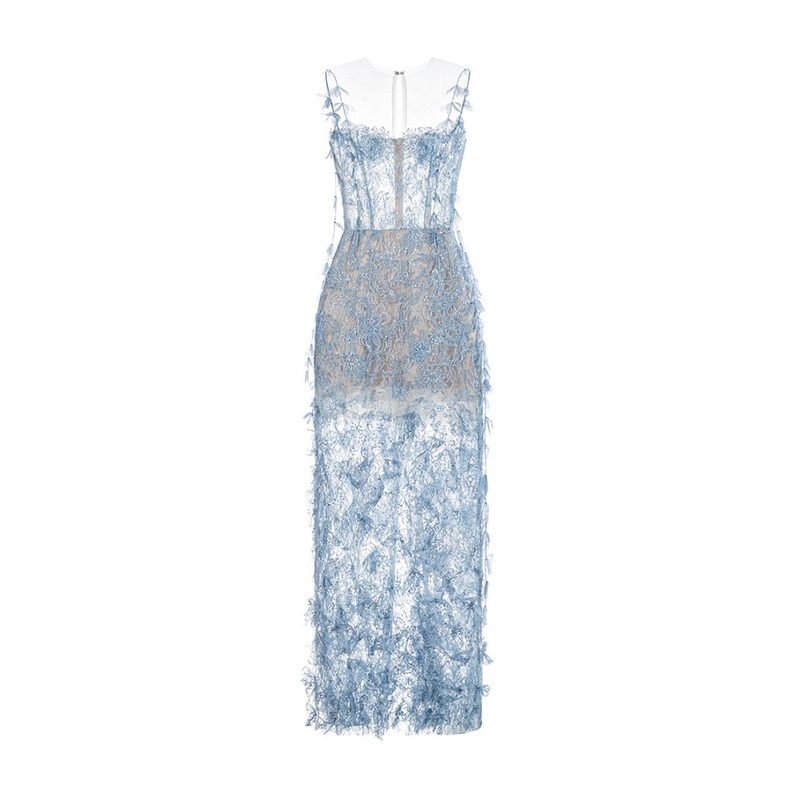 BLUE BEADED LACE PENCIL MIDI DRESS