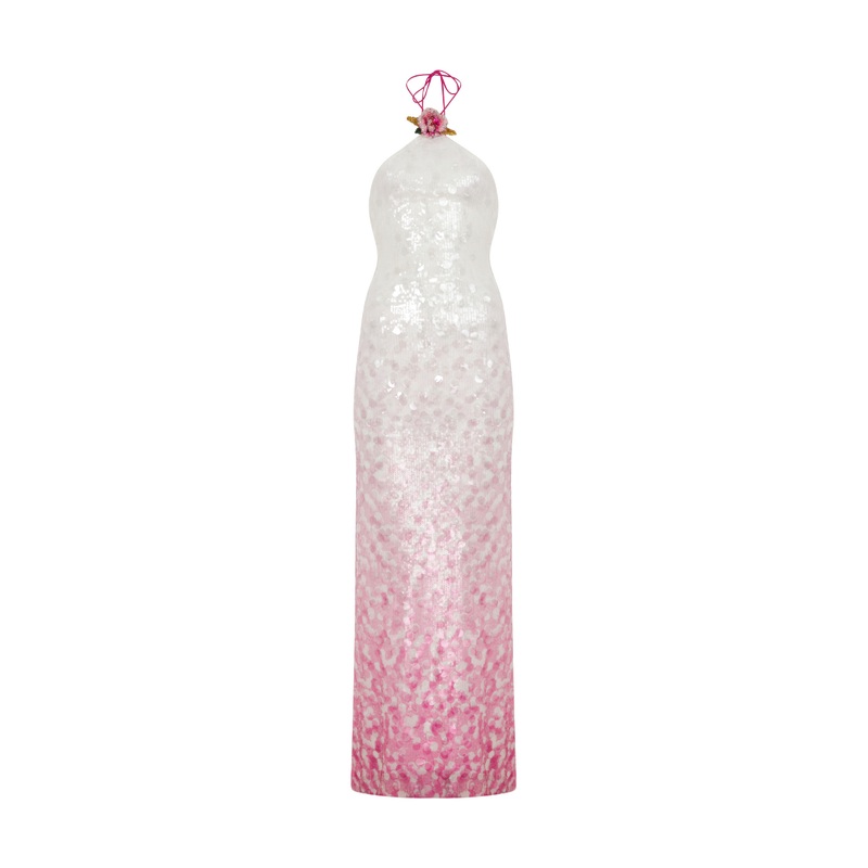 HALTER NECK BACKLESS DRESS IN WHITE TO PINK GRADIENT