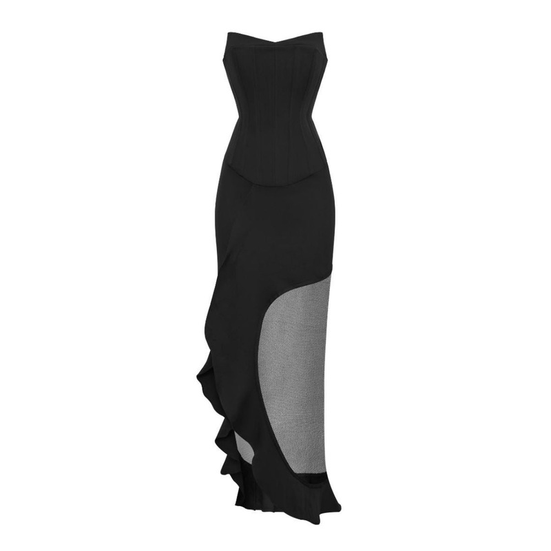 JAZZY STRAPLESS ASYMMETRIC SHEER FRILL DRESS