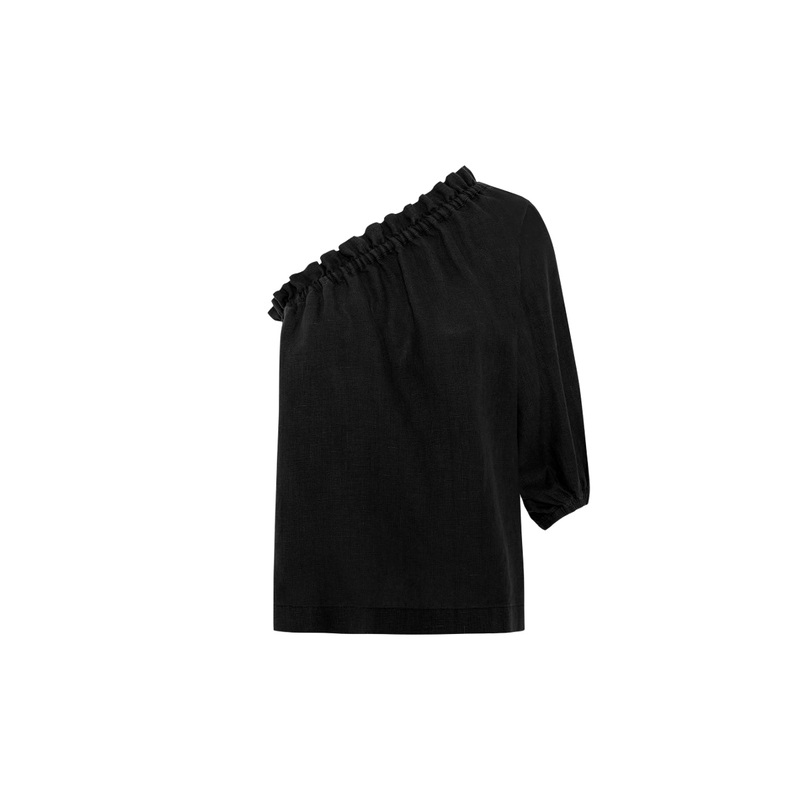 LUNA BLACK LINEN ONE-SLEEVE TOP