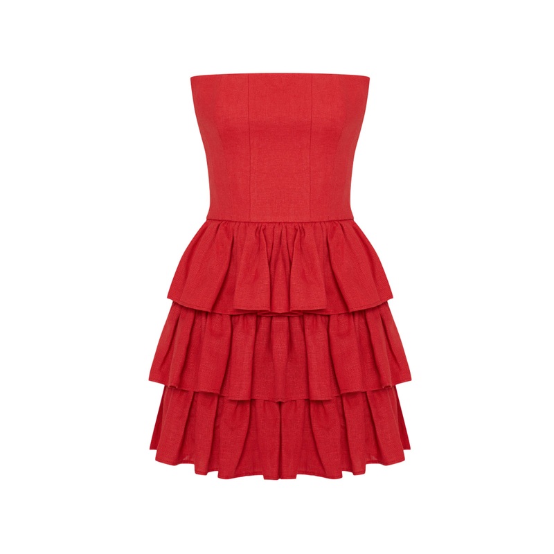 MILA GOJI RED STRAPLESS LINEN RUFFLE MINI DRESS