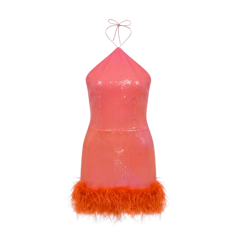 MINI HALTER NECK DRESS WITH FEATHERED HEM