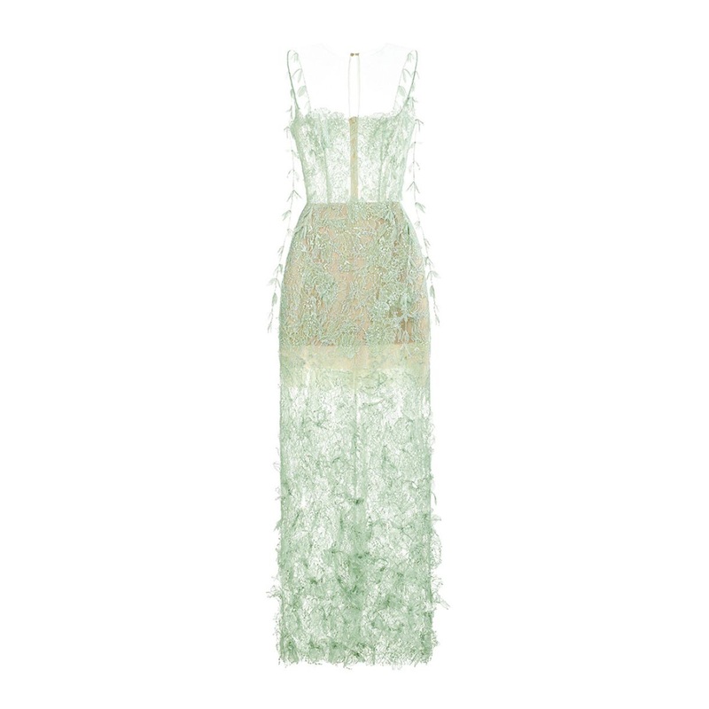 MINT BEADED LACE PENCIL MIDI DRESS