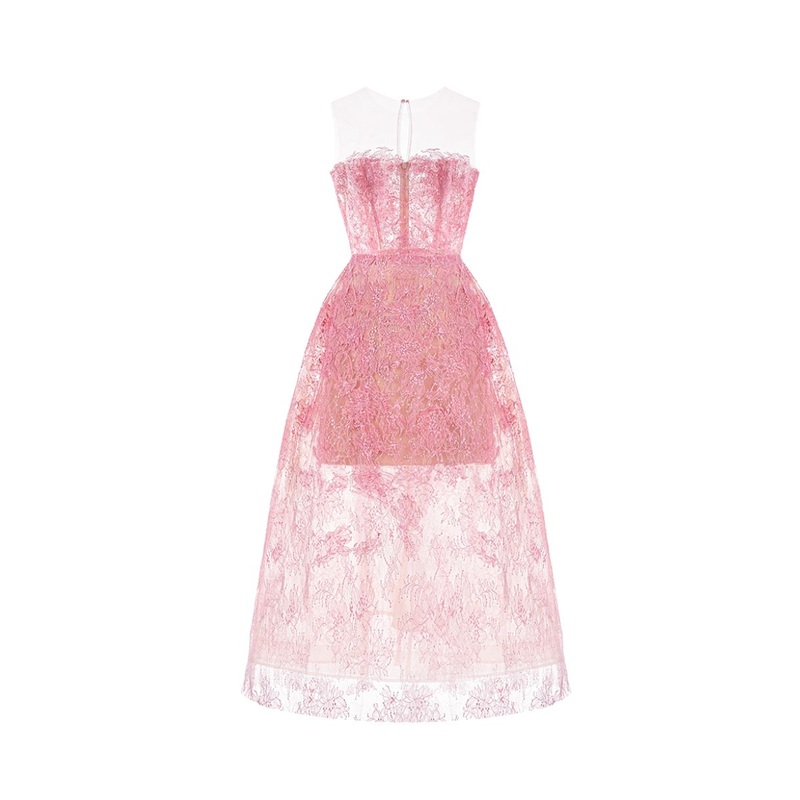 PINK BEADED LACE MIDI DRESS