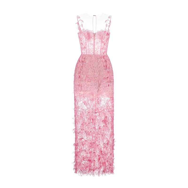 PINK BEADED LACE PENCIL MIDI DRESS