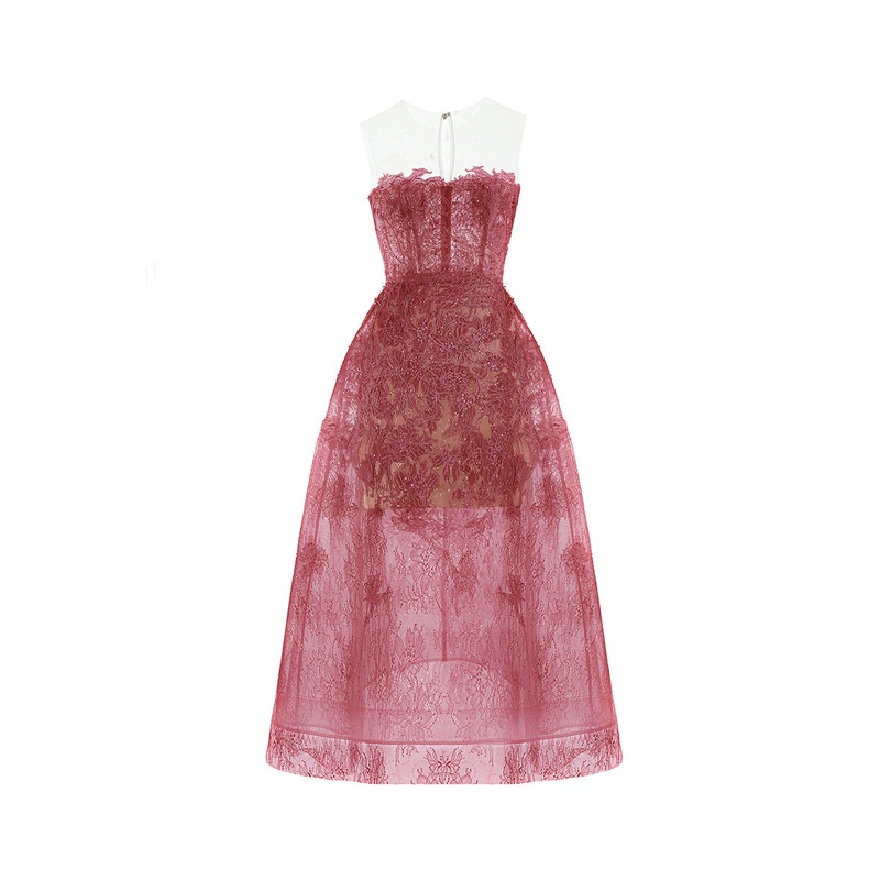RED BEADED LACE MIDI DRESS