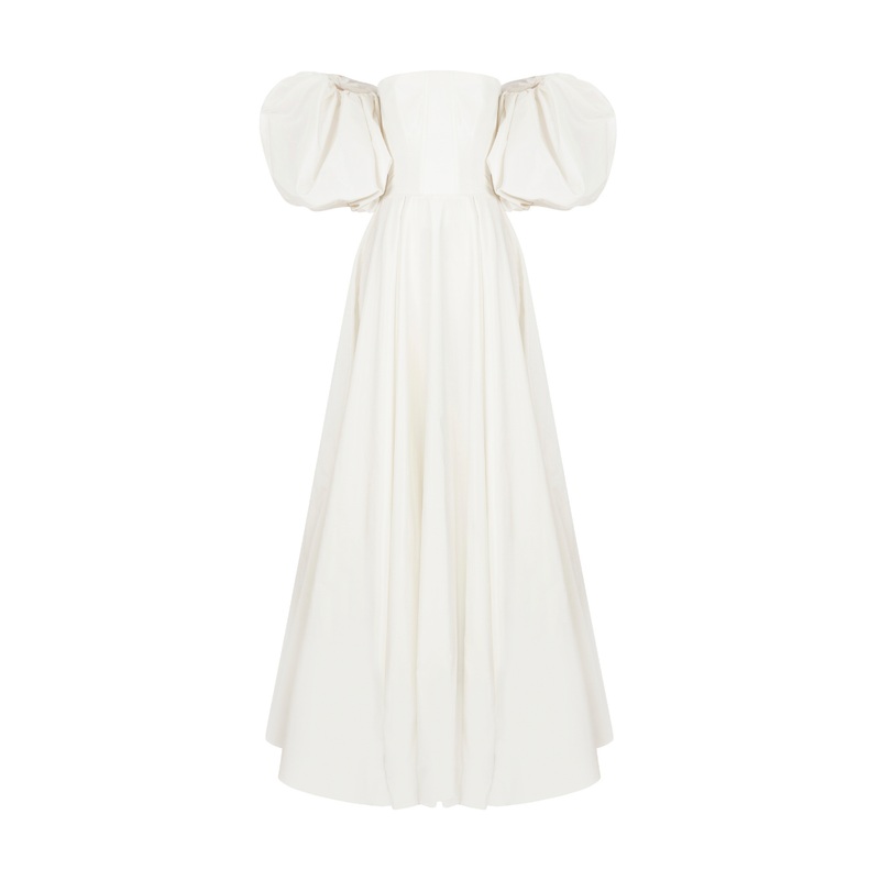 STRAPLESS MAXI CORSET DRESS WITH REMOVABLE PUFFY SLEEVES