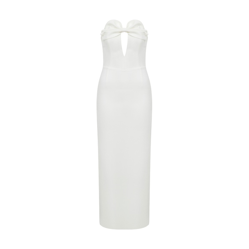 WHITE STRAPLESS CUT-OUT BOW DETAIL MIDI DRESS