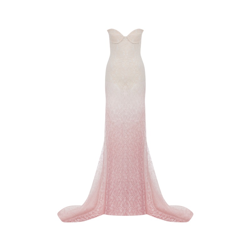 WHITE TO PINK GRADIENT LACE GOWN WITH TRAIN