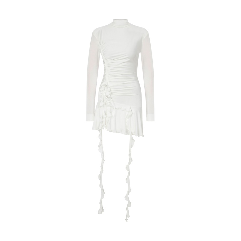WHITE TURTLE NECK MINI JERSEY DRESS WITH RUFFLES