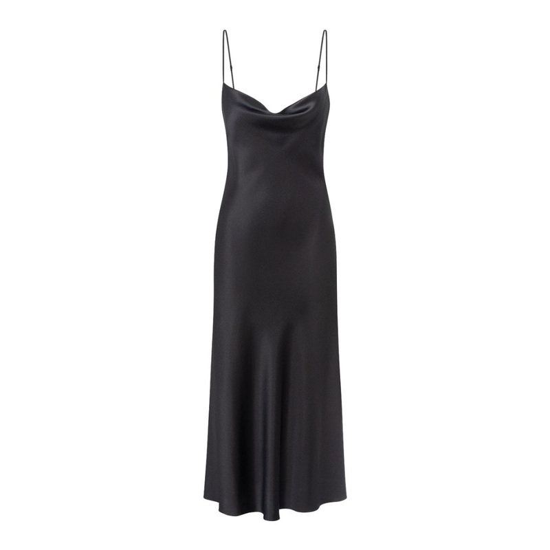 ALYSHA BLACK COWL NECK SILK SATIN MIDI DRESS