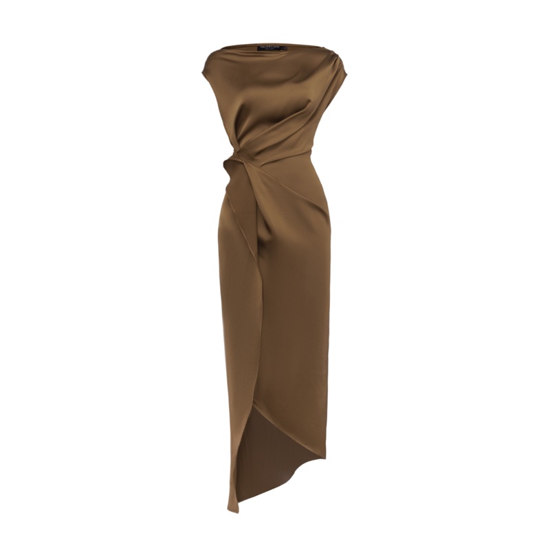 BETHANY SLIT DRAPED SATIN MIDI DRESS