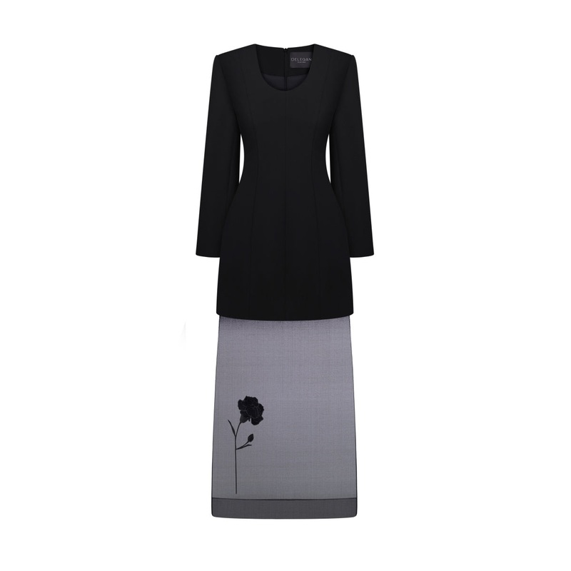 BLACK BLUEDOTTLE EMBROIDERED ORGANZA MIDI DRESS