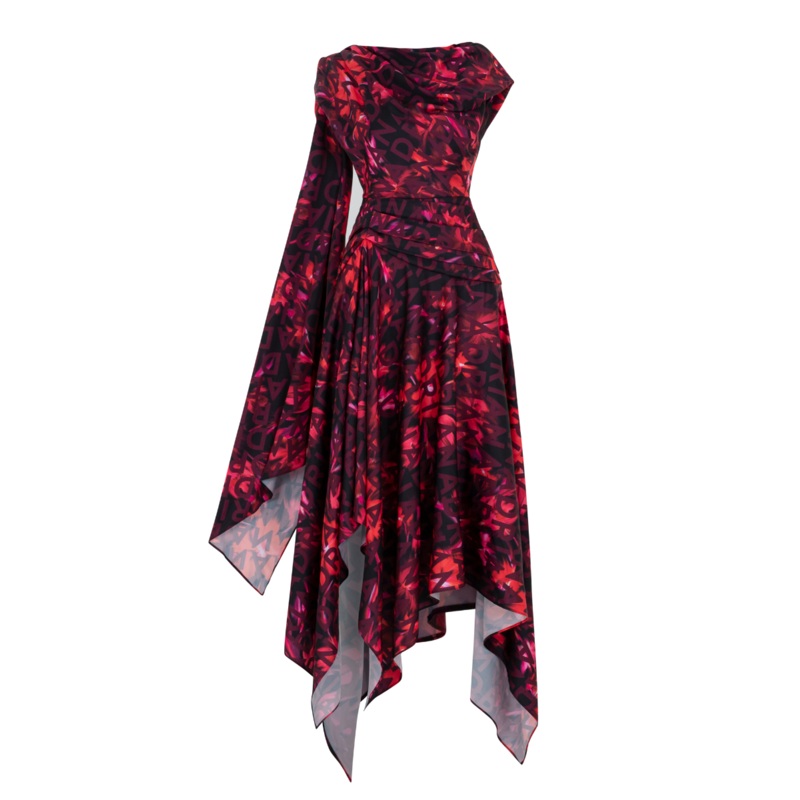 DAHLIA A-LINE RUFFLED LATIN SILK MIDI DRESS