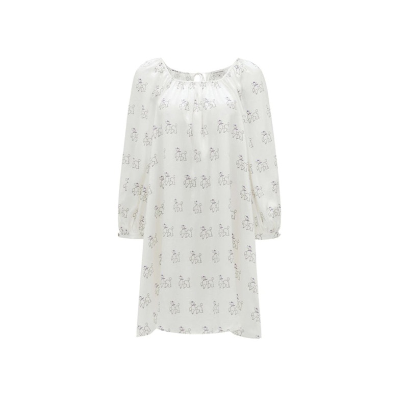 DIAMOND POODLES WHITE SILK PUFF SLEEVE DRESS