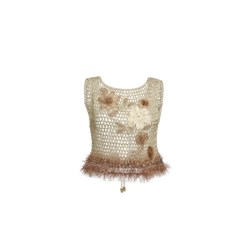 GOLD HANDMADE CROCHET TOP WITH EMBROIDERY