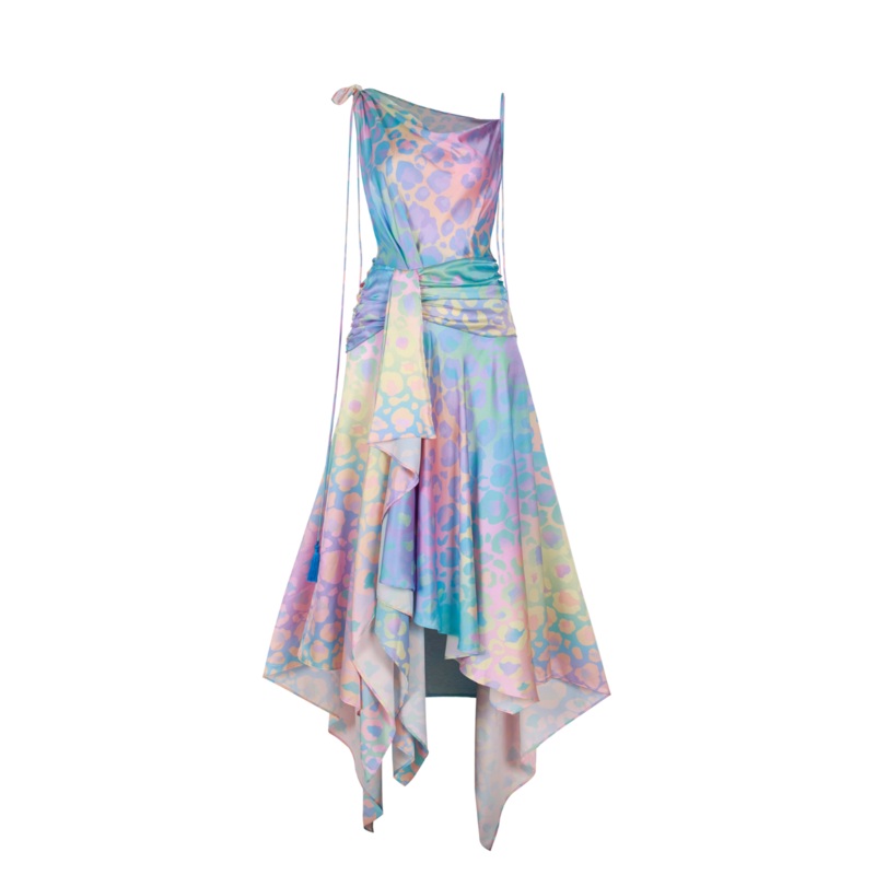 JEANNE ASYMMETRIC SLEEVELESS SILK SATIN FLOOR LENGTH DRESS