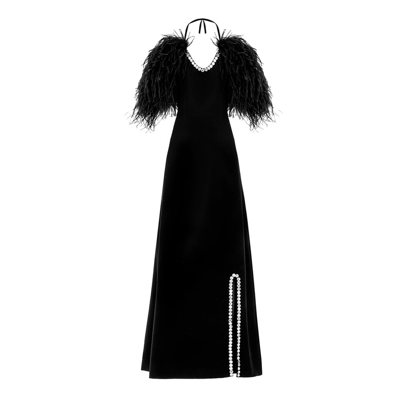 X MONIKA DIMOVA BLACK CREPE EMBROIDERED FEATHER GOWN