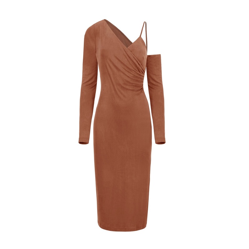 ASYMMETRIC CUPRO DRESS IN CHOCOLATE BROWN
