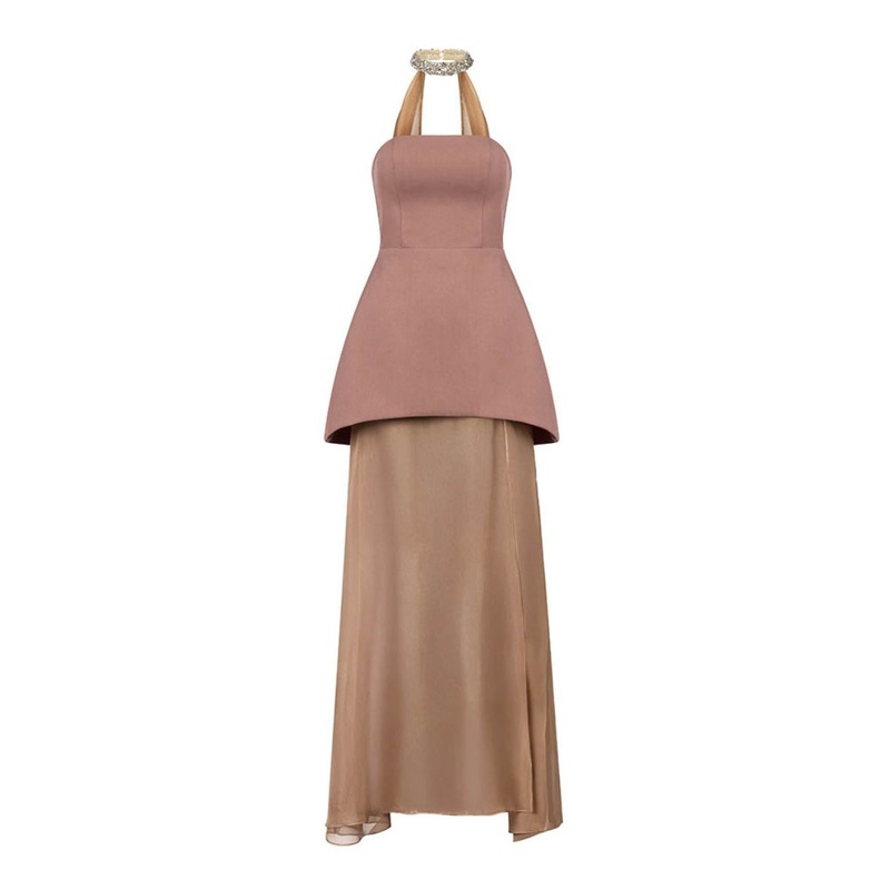 STRAPLESS MIDI DRESS WITH CAPE IN BROWN