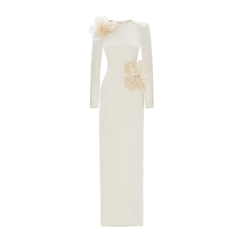 3D SEQUINED FLORAL DETAILED MIDI DRESS IN ECRU
