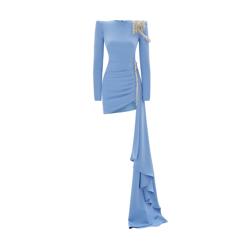 ASYMMETRIC EMBROIDERED MINI DRESS IN BLUE
