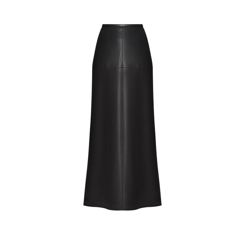 BLACK FAUX LEATHER MIDI SKIRT