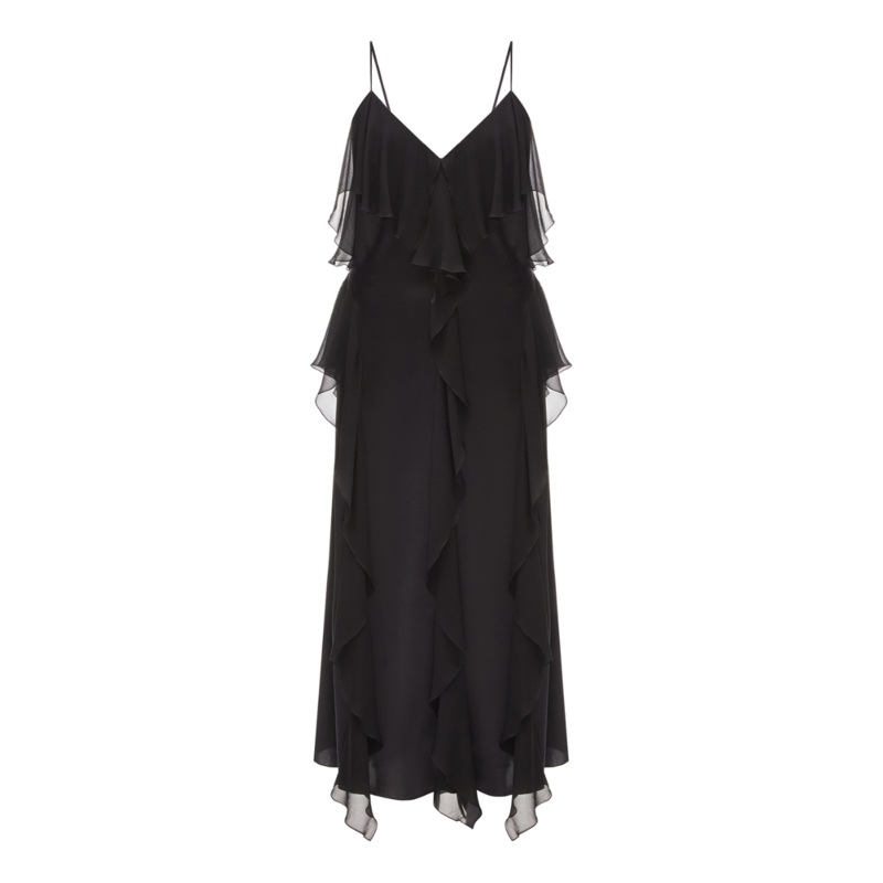 BLACK MIDI DRESS WITH SHIFFON RUFFLE DETAILS