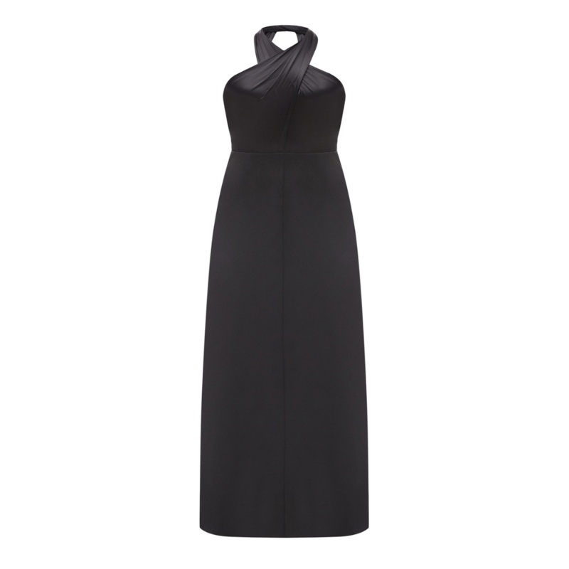 BLACK SILK AND WOOL MIDI DRESS