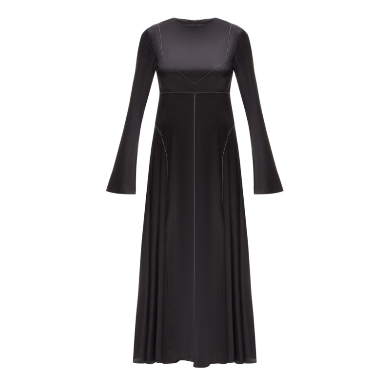 BLACK SILK MIDI DRESS WITH WHITE STITCH DETAIL