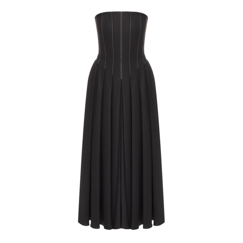 BLACK WOOL CORSET MIDI DRESS WITH WHITE STITCH DETAIL